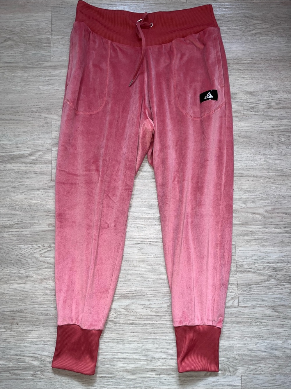 adidas Pink Velour Joggers with Ribbed Waistband Large